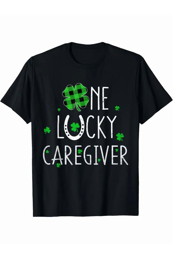Lucky Caregiver St. Patrick's Day Plaid Clover Graphic Short Sleeve T-Shirt