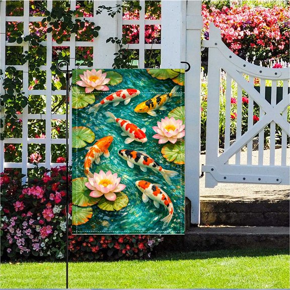 Lucky Carp Lotus Pond Fall Double Sided Garden Flag, Polyester Yard Decor (12x18in) No Flagpole, Outdoor Holiday Gift