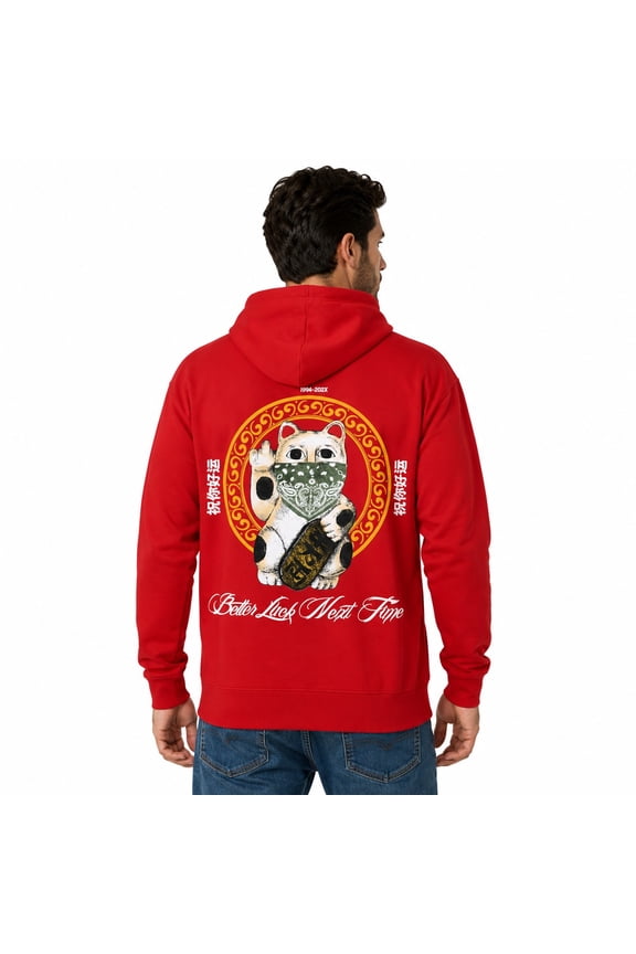Lucky Cat Better Luck Next Time Men's Red Graphic Print Drawstring Hoodie (2XL)