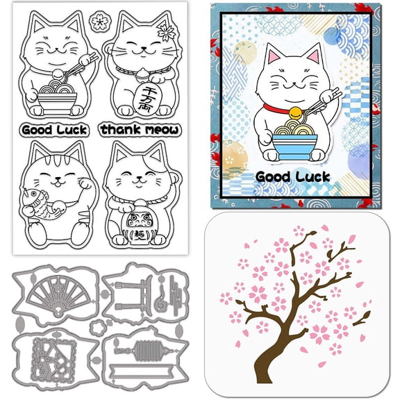 Lucky Cat Clear Stamps Cutting Dies PET Painting Stencils