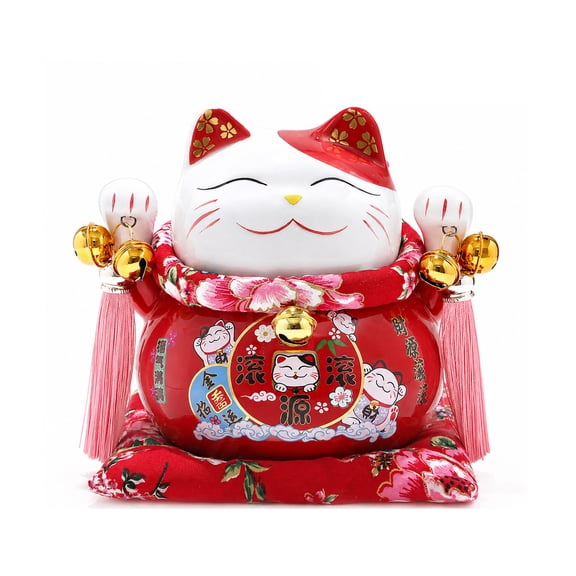 Lucky Cat Coin Bank, 6 Inch White Ceramic Maneki Neko Figurine, Fortune Cat Piggy Bank for Home Decor, Entryway Table, Office Desk, Reception Counter, Housewarming Gift