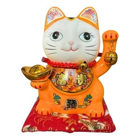 Lucky Cat Coin Bank - Feng Shui Maneki Neko Ceramic Piggy Bank for Good Luck & Prosperity, Feng Shui Ornament Money Fortune Cat Gift Decorations for Home, Office, Store - 5.5" Height Orange