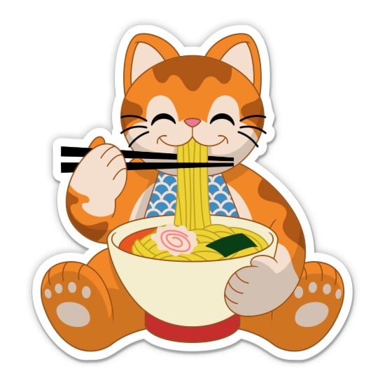 Lucky Cat Eating Ramen Maneki Neko - 3" Vinyl Sticker - For Car Laptop Water Bottle Phone - Waterproof Decal