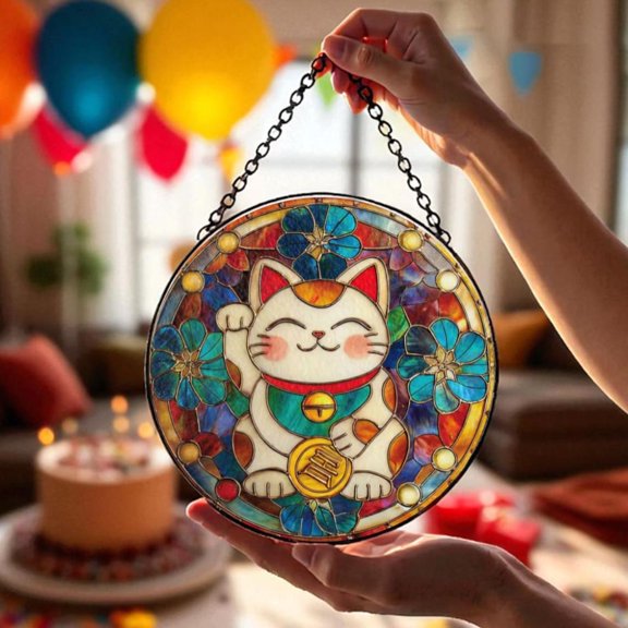 Lucky Cat Glass Suncatcher, Japanese Maneki Neko Window Hanging, Prosperity Wall Art, Good Luck Gift, Colorful Home Decor Ornament, Suncatcher Window Hanging, 3.5 in
