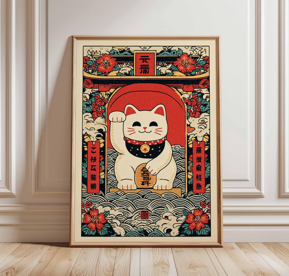 Lucky Cat Japanese Maneki Neko Red and Gold Fortune Prosperity Wall Art ...