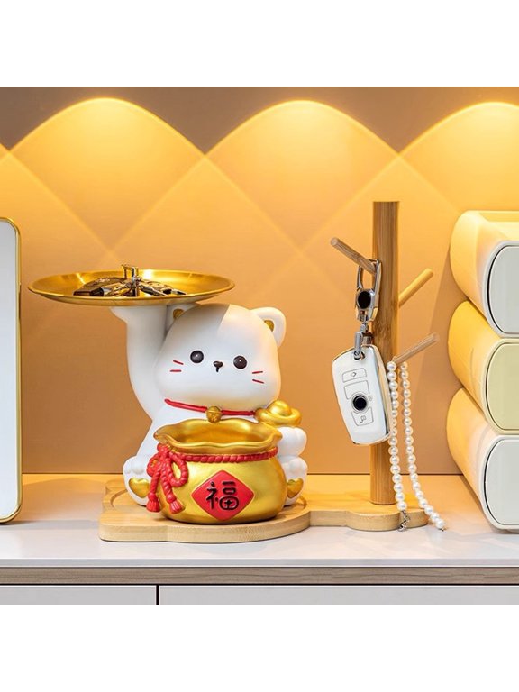 Lucky Cat Key Holder Tray for Entryway Table Resin Fortune Cat Tray with Wooden Stand Jewelry Hanging Organizer for Earrings Rings Bracelets Watches