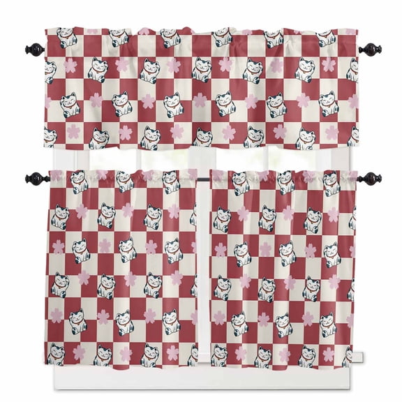 Lucky Cat Kitchen Curtains Valances and Tiers Pink Cherry Blossoms Red Plaid Japanese Tier Curtains and Valance Rod Pocket Valance Curtains Set 27.5"W x 24"L, 3pcs
