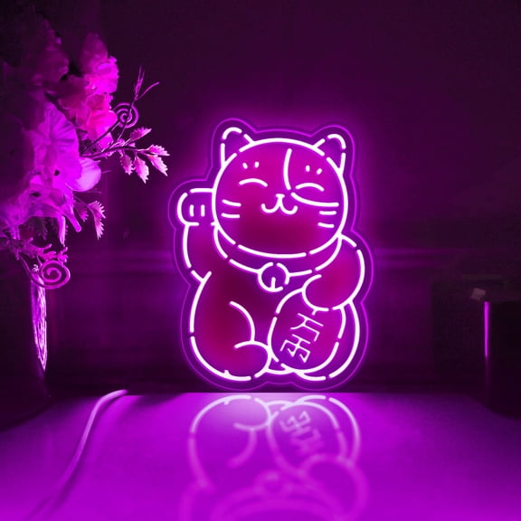 Lucky Cat Led Light Box, Dimmable Neon-Like Light Signs USB Power for Wall Decor Bedroom Decoration, RGB Light (WxH) 16"x21"