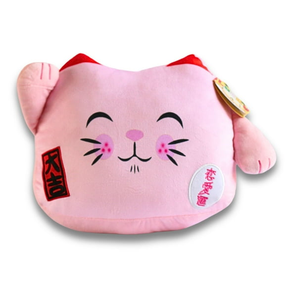 Lucky Cat Official 12" Plush, Cute Stuffed Animal MANEKI NEKO Anime Plush Waving Cat, PINK Color Cat Plush, Plushie Lucky Cat Waving Arm Stuffies. Japanese Decor Kawaii Plushies.