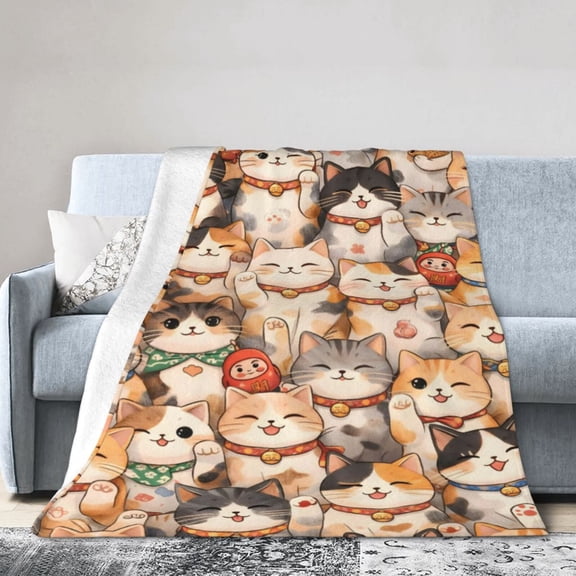Lucky Cat Pattern Blanket Gift Throw Blanket Cozy Soft Home Decor Cute Cartoon Cat Design Gift for Cat Lovers Women 50x40