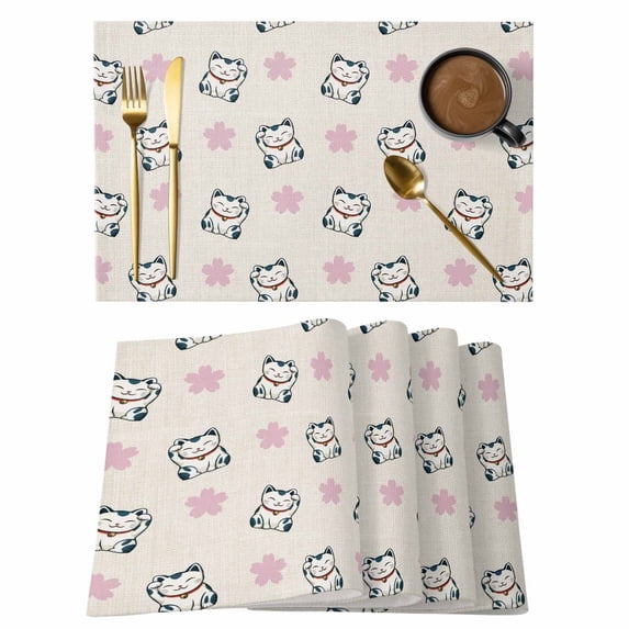 Lucky Cat Placemats Set of 1, Pink Cherry Blossoms Japanese Style Linen Non-Slip Place Mats Washable Table Mats for Kitchen Dining Table Decorations Indoor/Outdoor