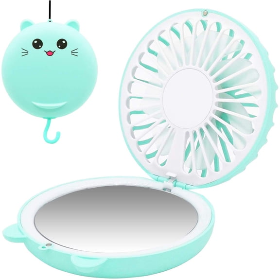 Lucky Cat Portable Necklace Personal Fan and Handheld Make Up Mirror Green