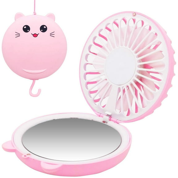 Lucky Cat Portable Necklace Personal Fan and Handheld Make Up Mirror Pink