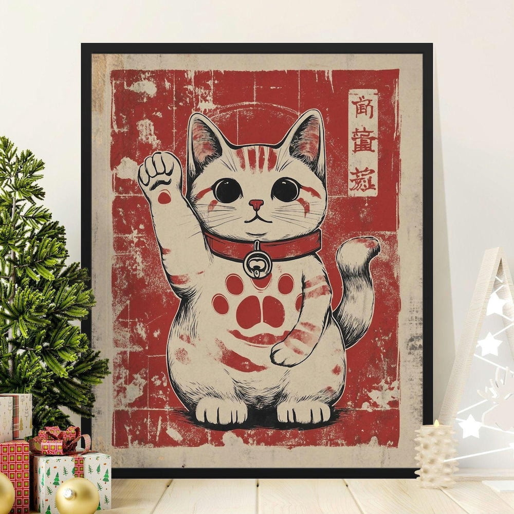 Lucky Cat Poster, Japanese Maneki Neko Art Print, Vintage Style Kitty ...