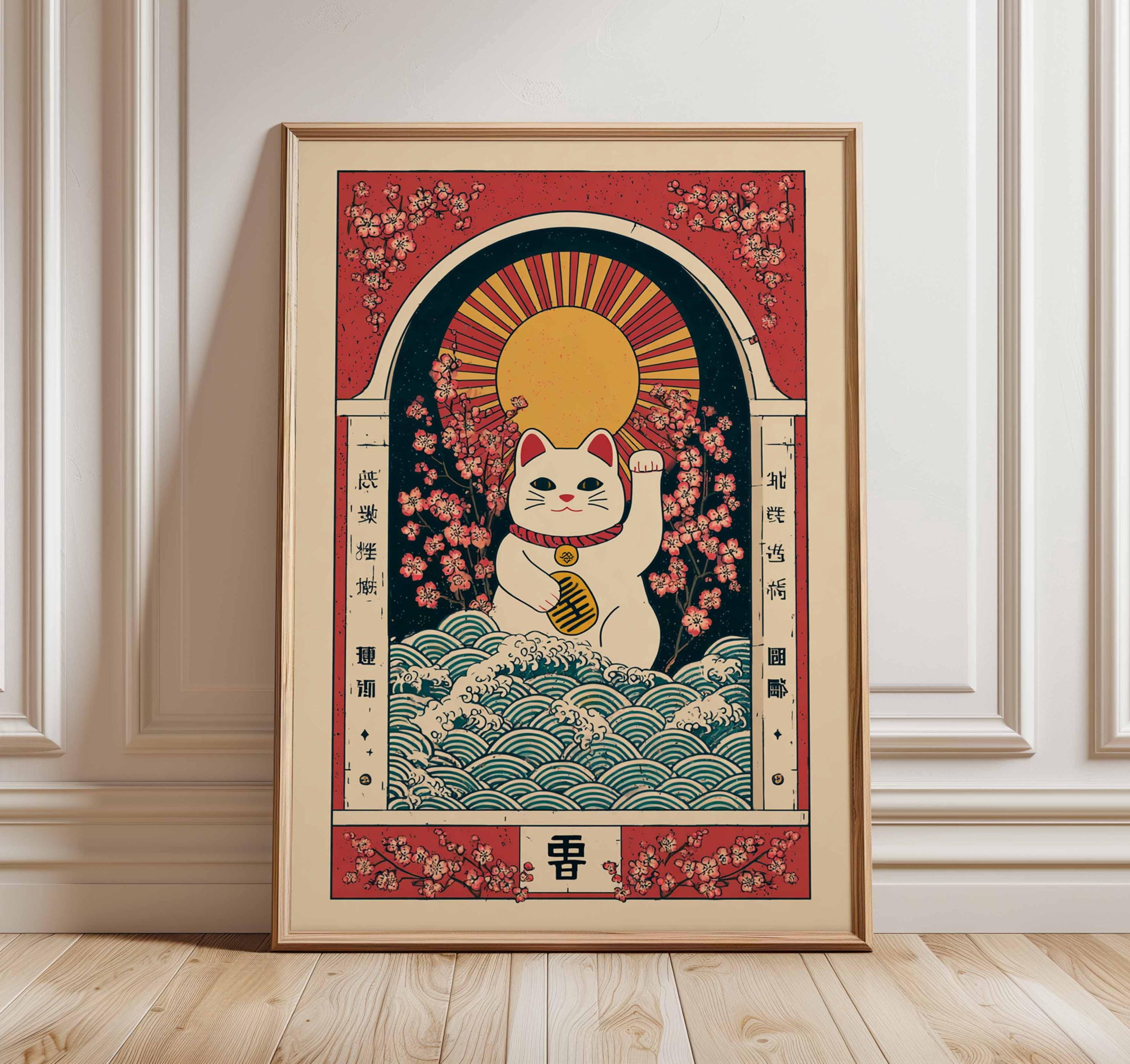 Lucky Cat Poster – Maneki Neko Japanese Wall Art, Vintage Asian Decor ...