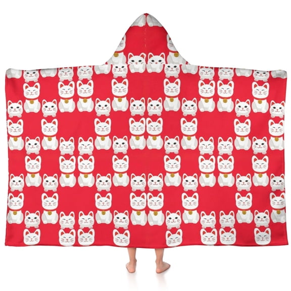 Lucky Cat Red Pattern Teens Hooded Bath Towel Wrap for Ages 3 To 12,Quick Dry Lightweight Soft Microfiber Bath Beach Pool,60"x35"