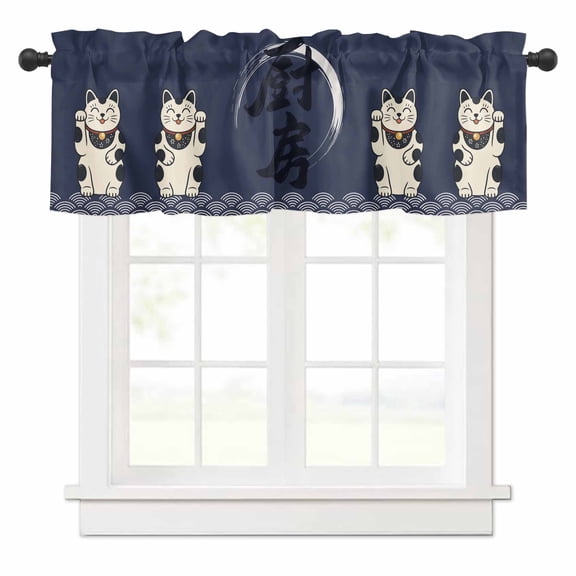 Lucky Cat Valances for Windows Japanese Style Kitchen Wave Pattern Navy Blue Rod Pocket Curtain Valance Window Treatment Short Curtains for Kitchen Living Room, 60"x14"