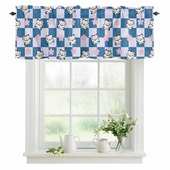 Lucky Cat Valances for Windows, Rod Pocket Kitchen Valance Curtains - Soft & Washable Small Window Treatment for Living Room, Bathroom, Cherry Blossoms Blue Check Buffalo Plaid 42x12inch, 1 Panel