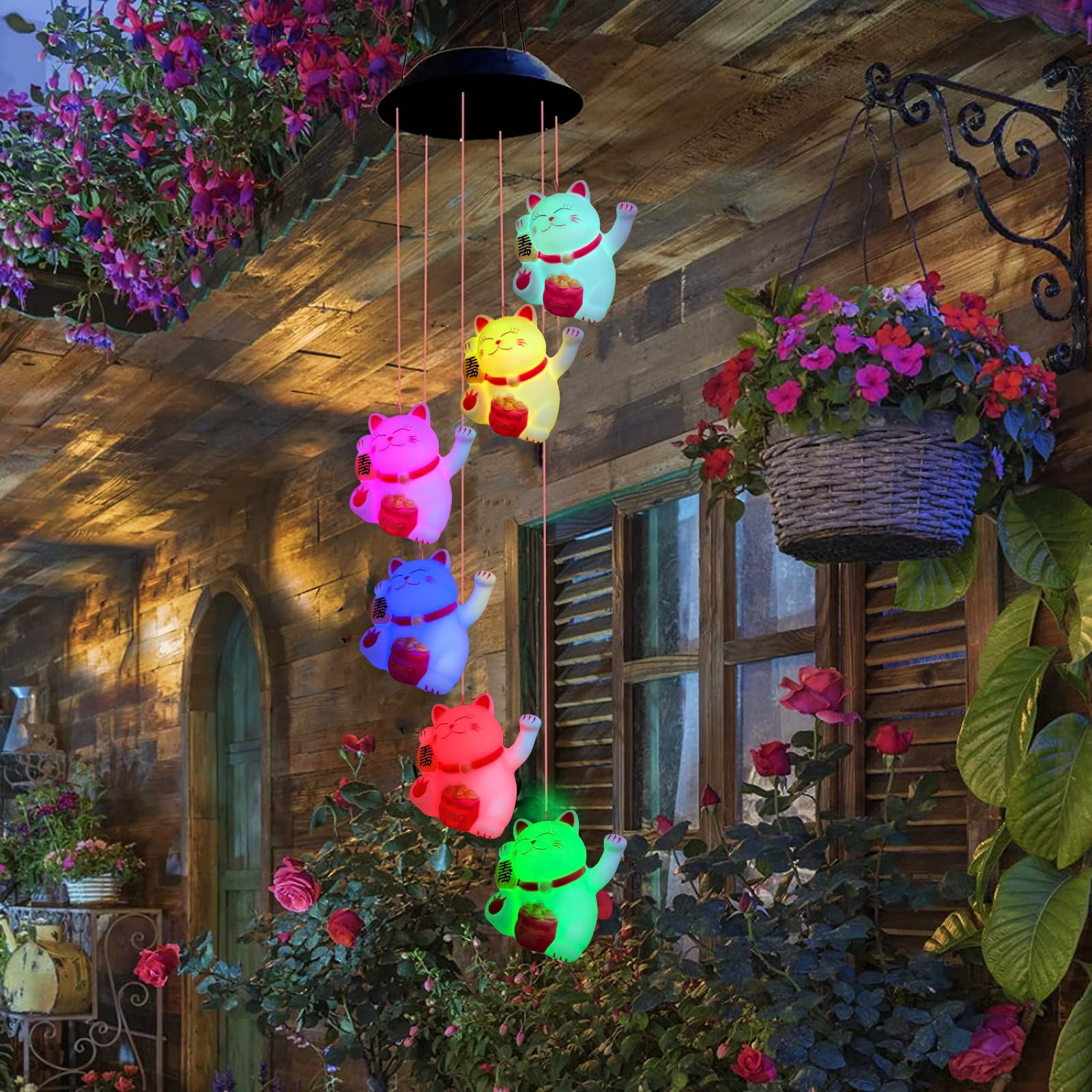 Lucky Cat Wind Chime Light, Solar Powered Color Changing LED Waterproof ...