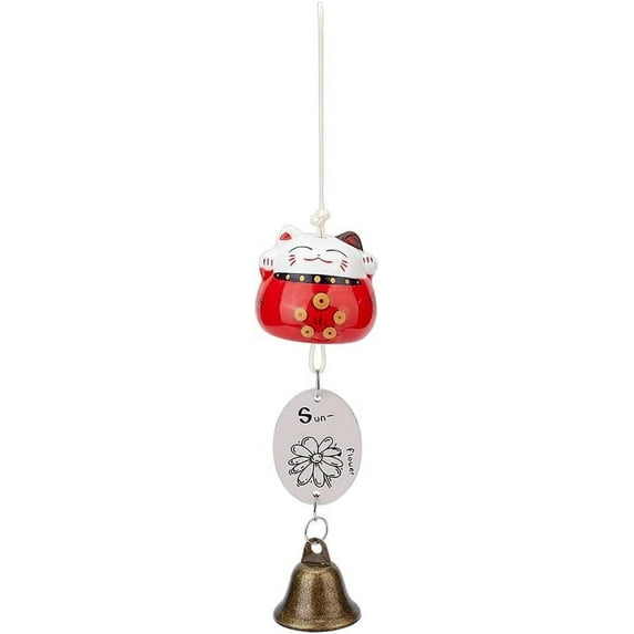 Lucky Cat Wind Chimes Ceramic Maneki Neko Wind Chimes Japanese Beckoning Cat Wind Bell Fortune Cat Hanging Pendant Chimes with Lucky Card for Garden Outdoor Home Door Decoration - Red