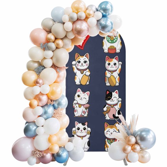 Lucky Cats Arch Backdrop Cover 6 FT Modern Japanese-Style Cute Cat Animals Navy Blue Stretchy Elastic Arch Stand Covers Spandex Arched Background Birthday Wedding Party Decoration (No Stand)
