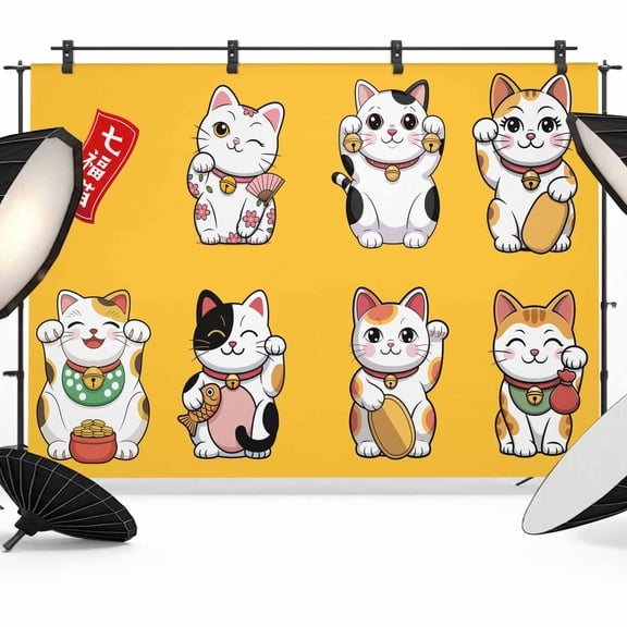 Lucky Cats Photography Backdrop 7x5FT, Modern Japanese-Style Cute Cat Animals Bright Yellow Photo Backdrops, Background for Photography Studio Photo Studio Background, Back Drop for Photoshoot