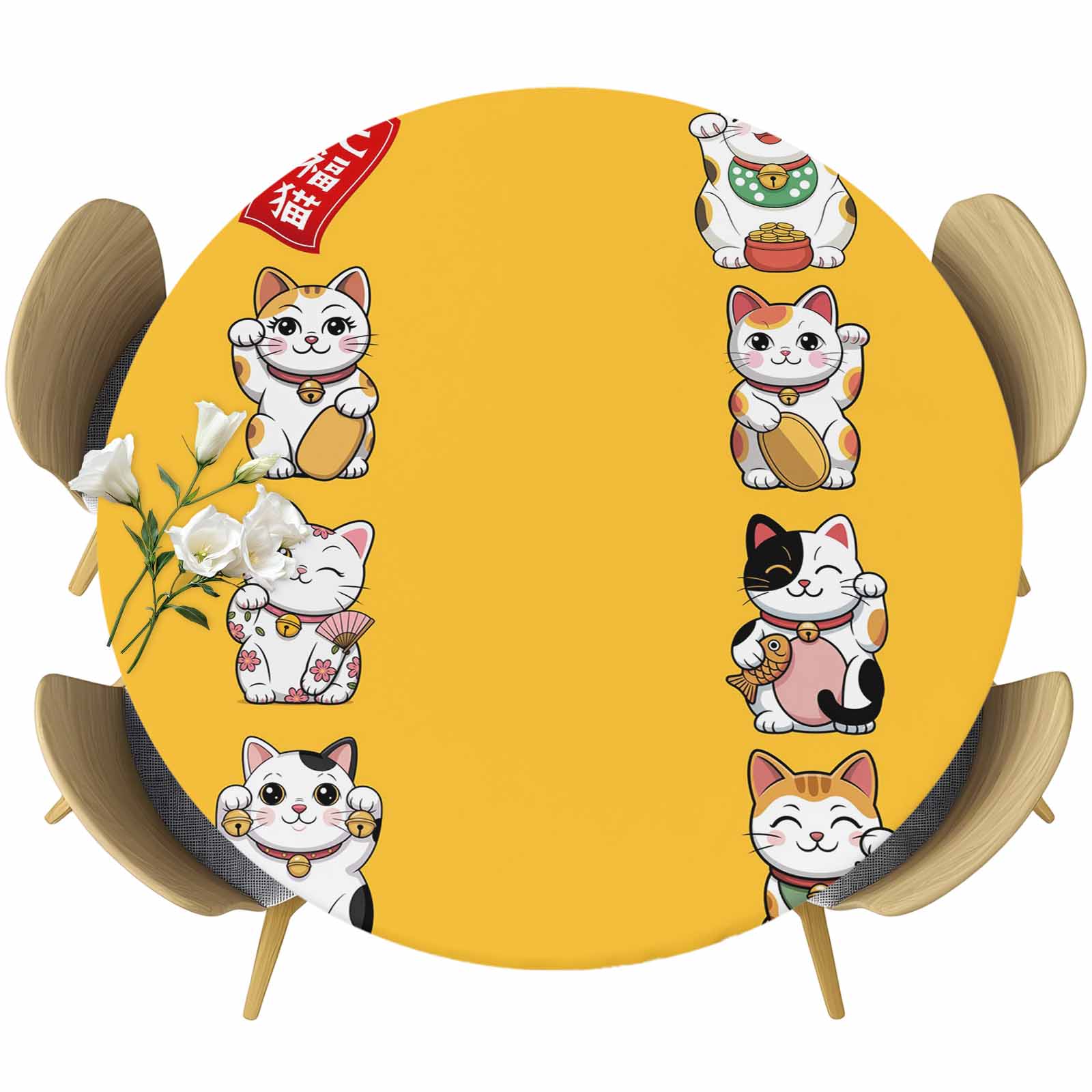 Lucky Cats Round Fitted Tablecloth with Elastic Edge, Modern Japanese ...