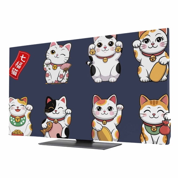 Lucky Cats TV Dust Cover 24 Inch, Modern Japanese-Style Cute Cat Animals Navy Blue Computer Monitor Cover Dustproof Stretchable Indoor TV Screen Protector for LED LCD Universal Monitors