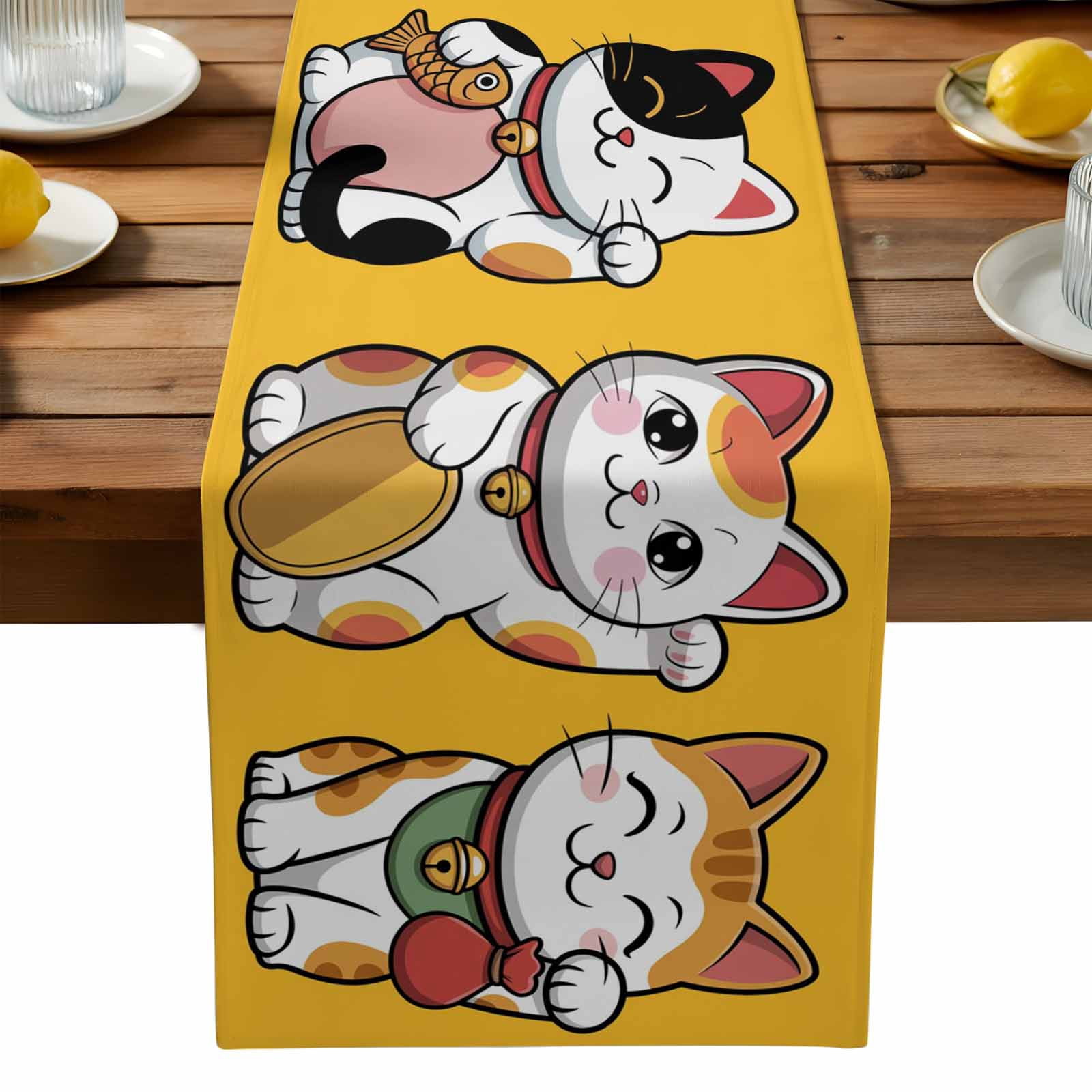 Lucky Cats Table Runner, Modern Japanese-Style Cute Cat Animals Bright ...
