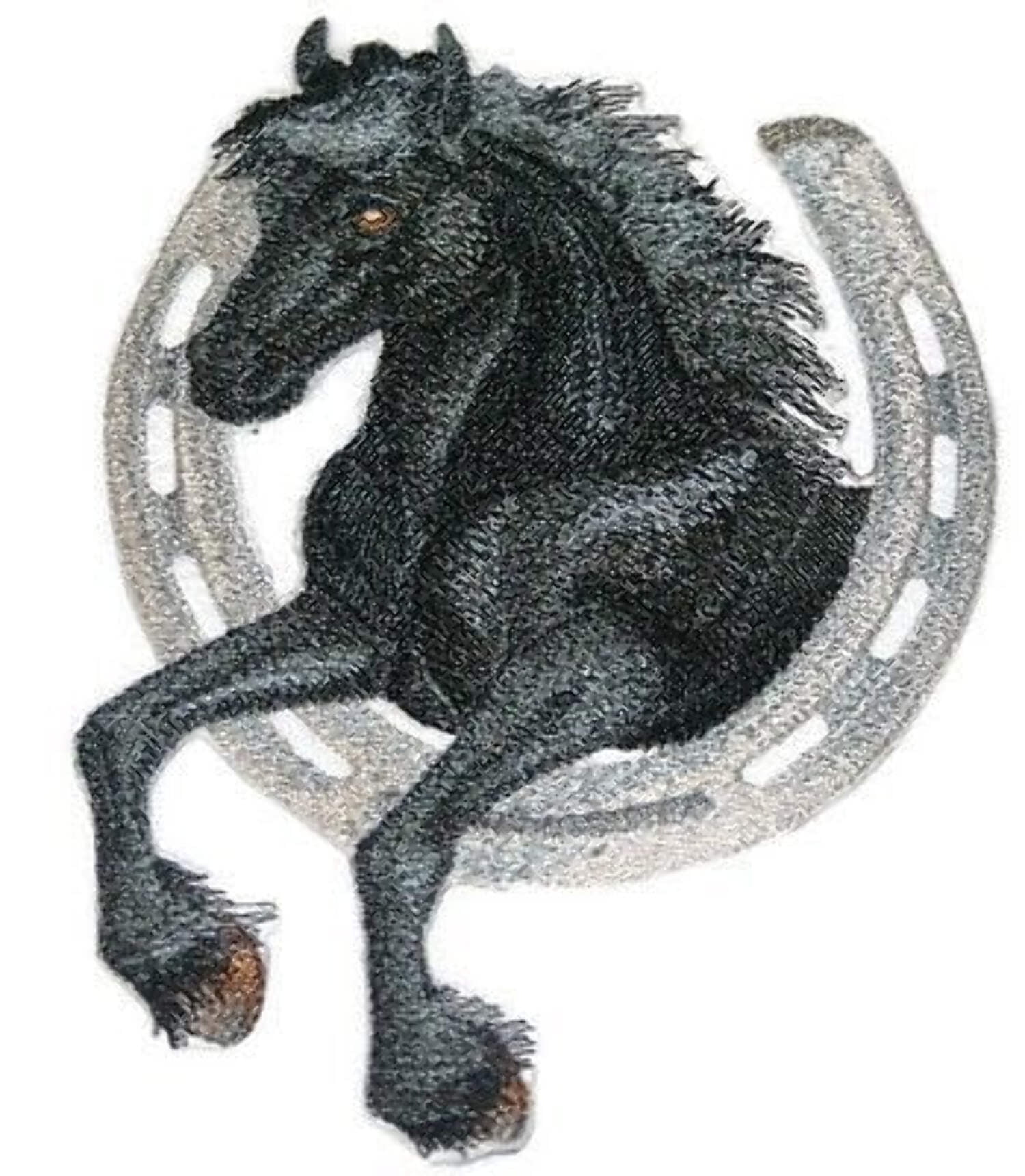 Lucky Charm Black Friesian with Horse Shoe Embroidery Iron On patch [7" x 5"]