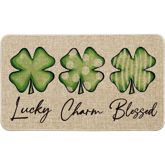 Lucky Charm Blessed Clover Shamrock Decorative Doormat, Seasonal Spring St. Patrick''s Day Holiday Low-Profile Floor Mat Switch Mat for Indoor Outdoor 17 x 30 Inch