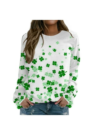 Womens St. Patrick's Day Sweatshirts Casual Green Hat Skull Beer Tops  Oversized Loose Fit Long Sleeve Shirts 