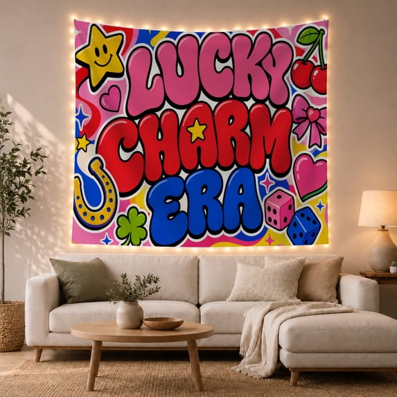 Lucky Charm Era Text with Clover and Dice, Playful Retro Style for Lucky Charm Fans, Pop Art Decor, St. Patrick's Day Gift, Tapestry Wall Hanging for Bedroom and Dorm