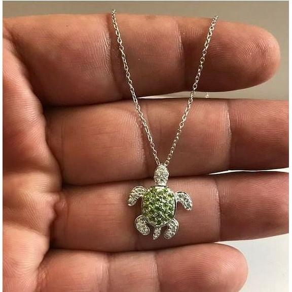 Lucky Charm Peridot Sea Turtle Pendant Necklace in 925 Sterling Silver - Gift For Lovers