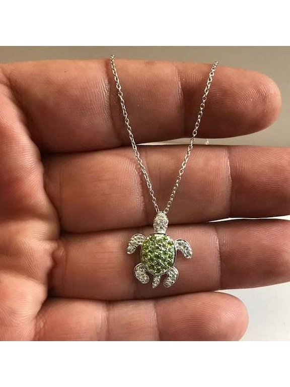 Lucky Charm Peridot Sea Turtle Pendant Necklace in 925 Sterling Silver - Gift For Lovers