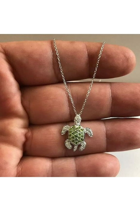 Lucky Charm Peridot Sea Turtle Pendant Necklace in 925 Sterling Silver - Gift For Lovers