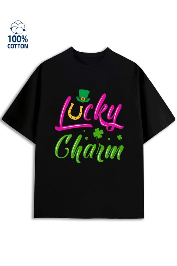 Lucky Charm Tee for men 180G 100% Cotton black Unique Design Unisex Shirt Graphic Tee tshirts Classic Unisex Shirt Printed tshirts Funny Unisex Shirt Graphic tshirts