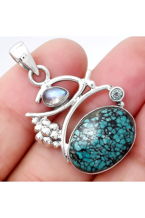 Lucky Charm Tibetan Turquoise, Moonstone & Sky Topaz 925 Silver Pendant P-1704 SDP154230