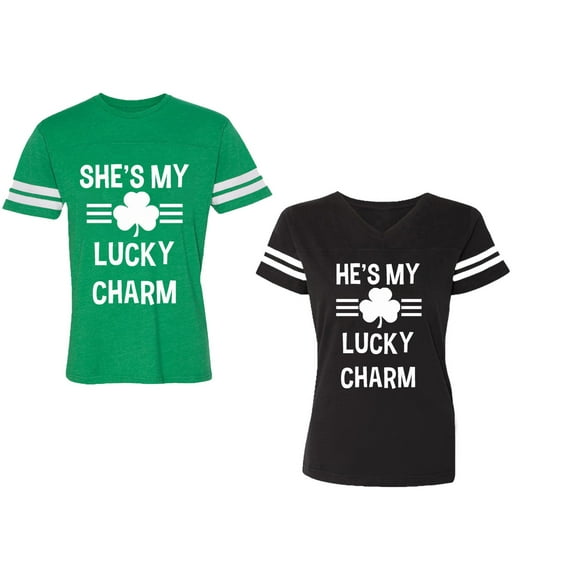 He She is My Lucky Charm Unisex Couple Matching Cotton Jersey style T-Shirt Contrasting stripes on sleeves (Men Green / Women Black) (Men S / Women S)