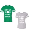 thumbnail image 1 of He She is My Lucky Charm Unisex Couple Matching Cotton Jersey style T-Shirt Contrasting stripes on sleeves (Men Green / Women Heather) (Men XXL / Women XL), 1 of 3