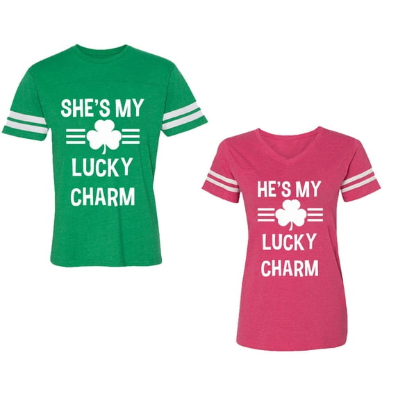 He She is My Lucky Charm Unisex Couple Matching Cotton Jersey style T-Shirt Contrasting stripes on sleeves (Men Green / Women Pink) (Men M / Women XXL)