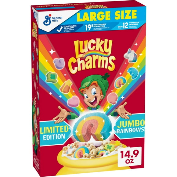 Lucky Charms Cereal with Marshmallows, Limited Edition Jumbo Rainbows, Large Size, 14.9 oz