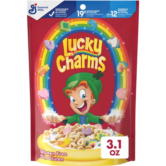 Lucky Charms Gluten Free Cereal with Marshmallows, Resealable Cereal Pouch, 3.1 oz