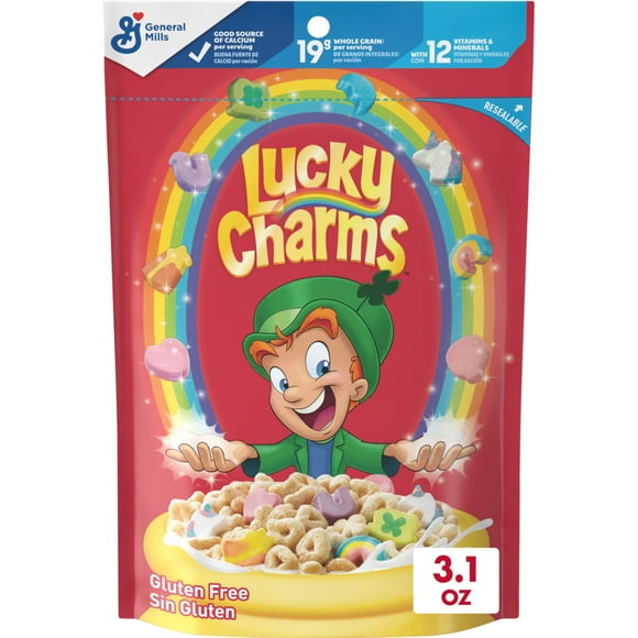 Lucky Charms Gluten Free Cereal with Marshmallows, Resealable Cereal Pouch, 3.1 oz