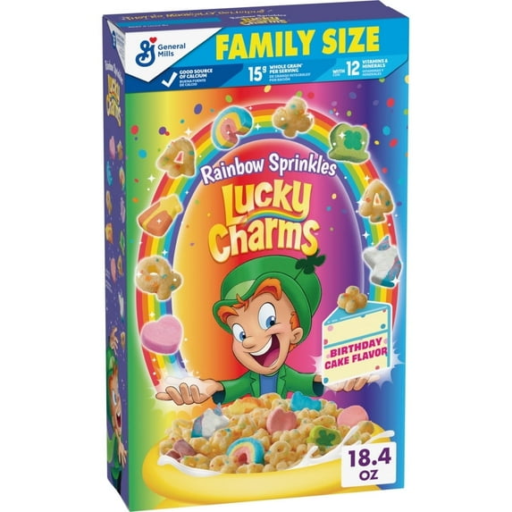 Lucky Charms Rainbow Sprinkles Cereal with Marshmallows, Family Size, 18.4 oz(2 pack)