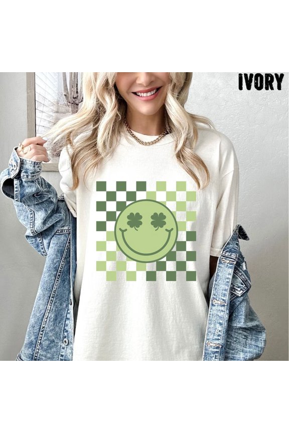 Lucky Clover Face Shirt Checkered St Patrick Graphic Tee Irish Holiday Design Comfort Colors Unisex Cotton T-Shirt, Size S-3XL