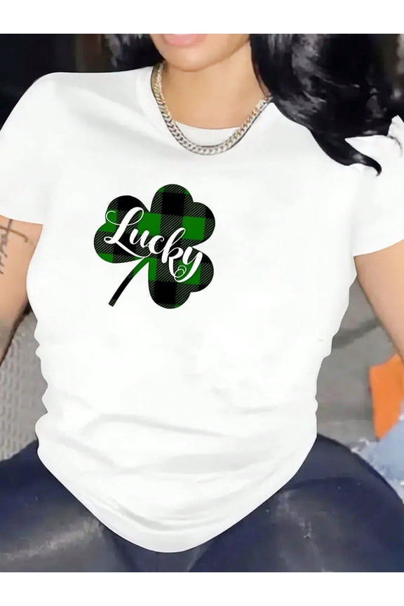 Lucky Clover Green Plaid St Patricks Day Women Short Sleeve Casual Graphic Tee Shirt