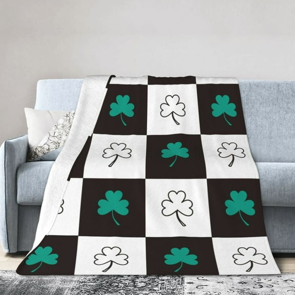Lucky Clover Grid Blanket – Cozy Black and White Check Throw with Shamrock Pattern for Bed, Couch, Travel Decor – Multiple Sizes Available