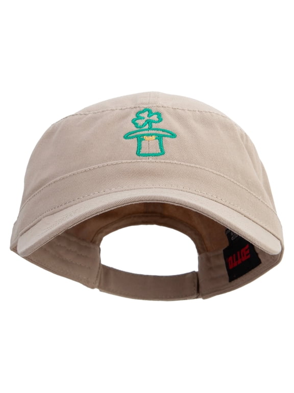 Lucky Clover Hat Embroidered Garment Washed Adjustable Army Cap - Khaki OSFM
