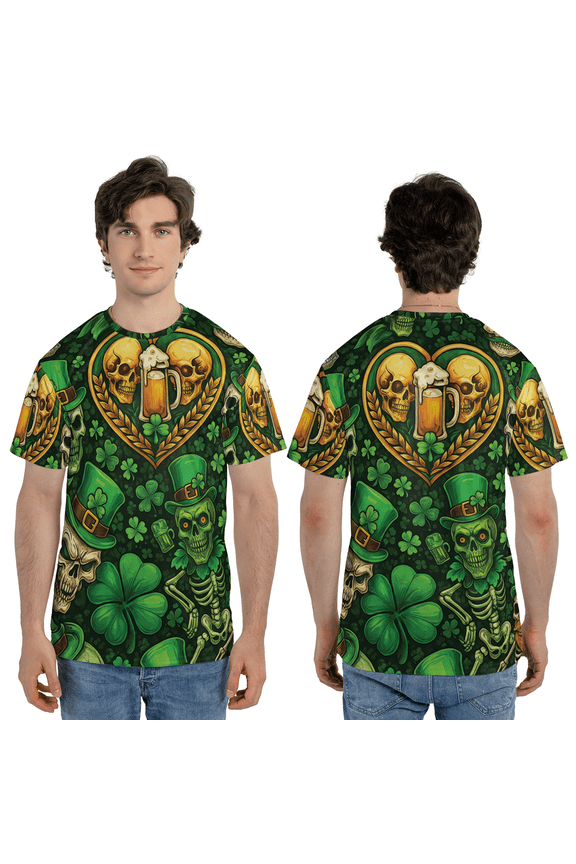 Lucky Clover Irish Skeleton 3D T-Shirt – St. Patrick’s Day Skull Beer Tee Holiday Irish Beer All-Over Print Shirt